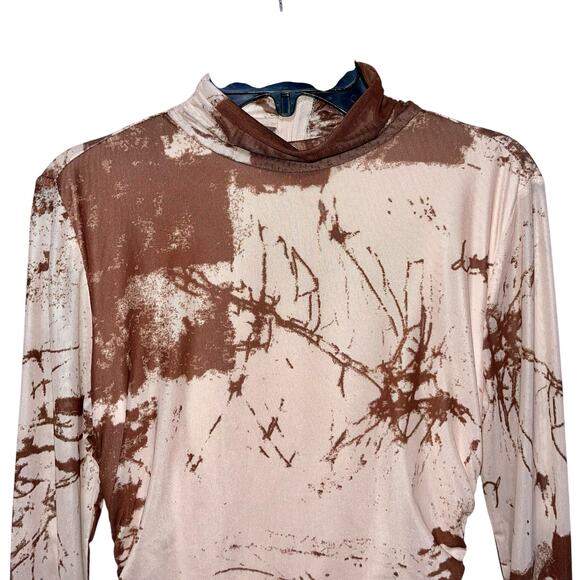 Sheer Ruched Midi Dress Mesh Mock Neck Abstract - Picture 3 of 9